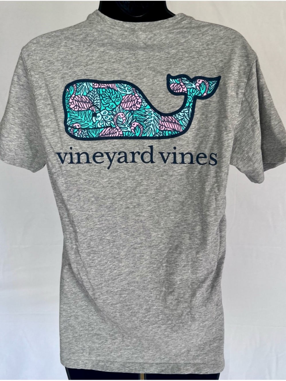 Vineyard Vines Heather Gray Tee with Aqua and Pink Whale